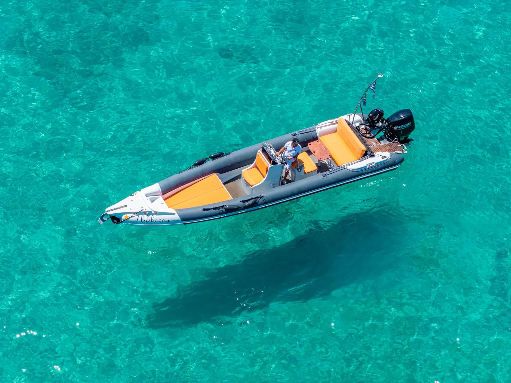 Cruising the crystal-clear turquoise waters of Kefalonia on a private premium RIB boat tour